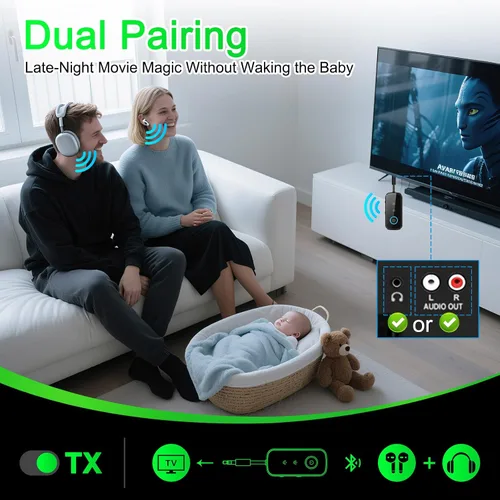 Vista 4 de Transmisor Receptor Bluetooth 5.4 Premium Pro, adaptador de audio de avión, transmisor inalámbrico para TV/vuelo de viaje, aerolínea, gimnasio. Negro