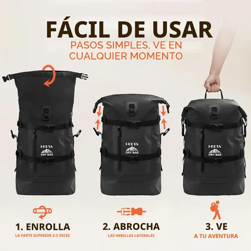 Vista 3 de HEETA - Bolsas secas impermeables para hombres y mujeres, mochila de 40 L, con parte superior enrollable, mochila de senderismo resistente para Negro