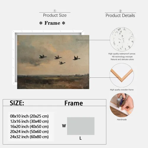 Vista 2 de Póster vintage de pato salvaje volador rústico, paisaje de campo, arte de pared, retro, clásico, naturaleza, lienzo, impresión de prado y patos