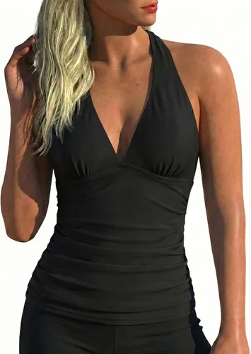 Vista 16 de Hilor - Parte superior de tankini para natación, con cuello profundo en V y halter, drapeado, para mujer Amaranto