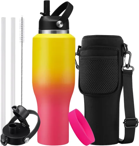 Vista 41 de Botella de agua de acero inoxidable de 32 onzas, frío-48 horas y caliente-24 horas, termo con popote y tapas de boquilla, bolsa, botella aislada al