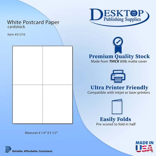 Vista 2 de Papel postal pesado en blanco para impresión, 20 hojas, 80 postales, blanco, 4 perforadas por hoja, cartulina gruesa de 80 libras, imprimible por
