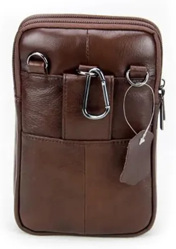 Vista 5 de Riñonera de piel de vaca de capa superior para hombre, riñonera lateral, bolsa para teléfono inteligente, modelo 8-marrón