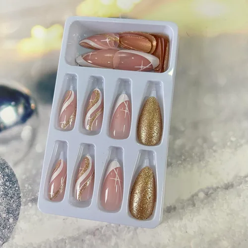 Vista 5 de Uñas postizas acrílicas artificiales de almendra media con diseño de estrellas onduladas blancas, cobertura completa, reutilizables, estilo ataúd