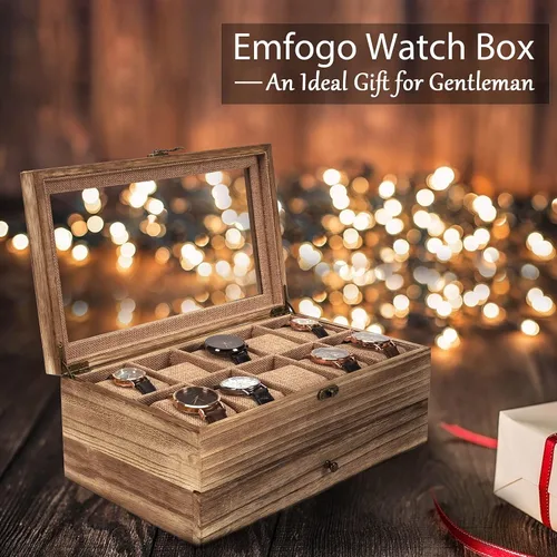 Vista 5 de Emfogo Caja de reloj funda de reloj con 10 ranuras para hombres y mujeres soporte de reloj de madera para hombres regalo para novio día del padre