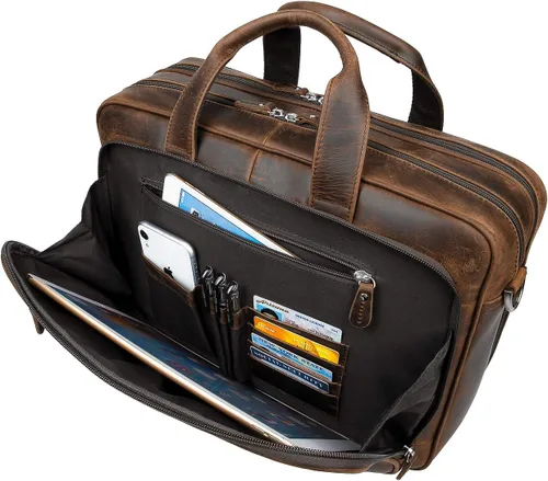Vista 7 de Augus - Maletín de cuero para hombre de 16 pulgadas, bolso de hombro para laptop con correa de equipaje 100% full-grain leather, YKK zip, fits