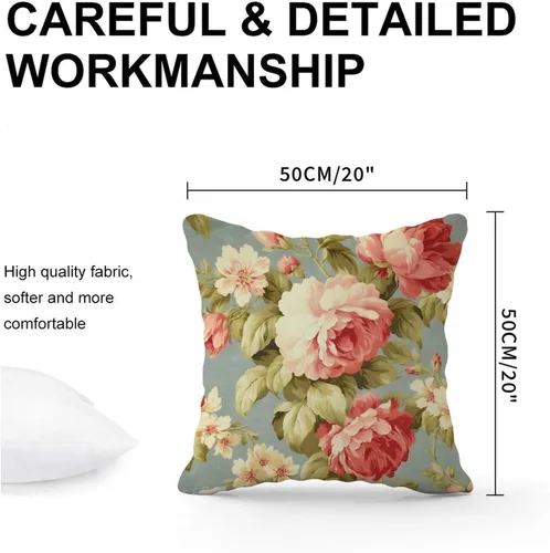 Vista 3 de Funda de almohada romántica de color aguamarina con rosas de col rosa, fundas de almohada florales de rosa francesa, funda de almohada