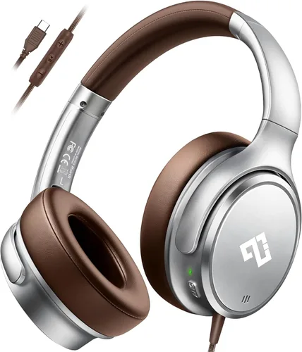 Vista 9 de Auriculares USB C con cable sobre la oreja con micrófono HD, auriculares plegables con cancelación activa de ruido
