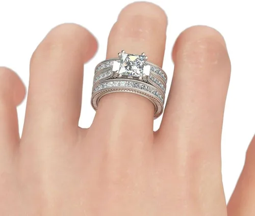 Vista 6 de Jeulia - Juego de 3 piezas de anillos de corte princesa juego nupcial de plata de ley con halo de diamantes, anillo de compromiso, anillo de boda