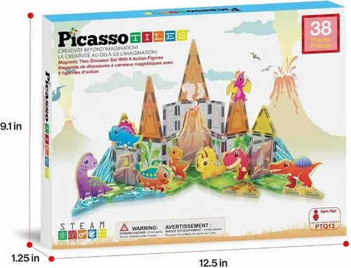 Vista 9 de PicassoTiles - Juego de 38 piezas de bloques de construcción con azulejos magnéticos, tema de dinosaurios, con 8 figuras de acción magnetizadas