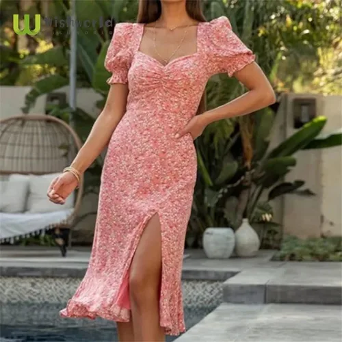 Vista 2 de TFBGXLHQ Vestido de verano plisado con cuello cuadrado y espalda abierta para mujer