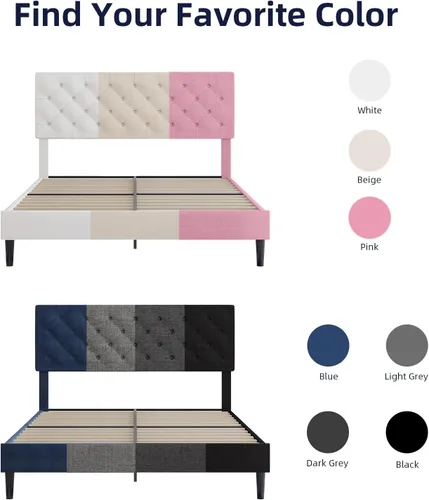 Vista 8 de BarnFurin Marco de cama tamaño completo con cabecero, cama de plataforma tapizada con cabecera acolchada con botones ajustables, marco de cama