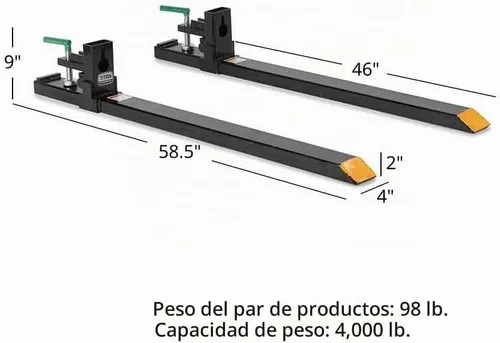 Vista 6 de Titan Attachments Horquillas de palé de sujeción de 60" de servicio medio, longitud de horquilla de 46" x 4", capacidad nominal de 4,000 LB, fácil