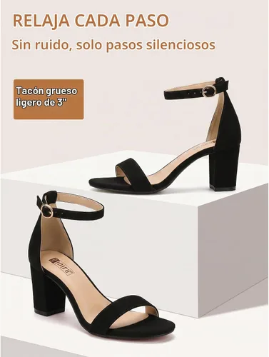 Vista 6 de IDIFU Sandalias de tacón grueso con correa al tobillo para mujer Negro (black Nubuck)
