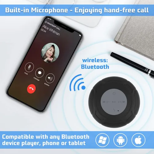 Vista 3 de Altavoz de ducha Bluetooth impermeable portátil inalámbrico resistente al agua altavoz ventosa, micrófono integrado regalos para niños altavoz