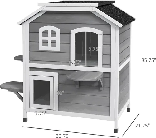 Vista 3 de 2-Story Cat House Outdoor, Weatherproof Wooden Cat Enclosure for Feral Cats with Escape Door, Openable Roof, Jumping Platforms, Gray