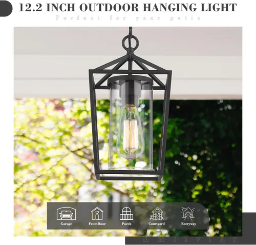 Vista 4 de Emliviar Lámpara colgante moderna para exteriores, 1 luz de linterna colgante al aire libre en acabado negro con vidrio transparente, 20065H BK