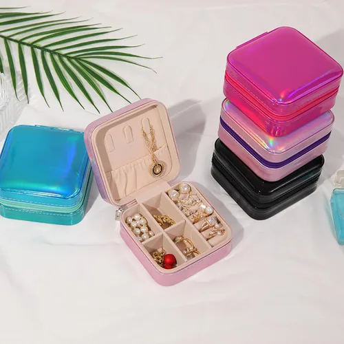 Vista 5 de Organizador de joyas colgante con cremallera, organizador de joyas de viaje, caja pequeña de joyería de piel sintética, joyero para mujeres y niñas