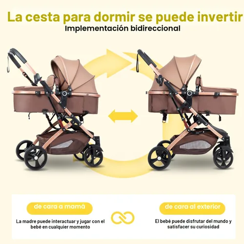 Vista 6 de Cochecito de bebé 2 en 1 para recién nacido plegable con toldo ajustable plegable de alto paisaje, cochecito infantil antigolpes para niños pequeños