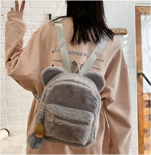 Vista 3 de Mochila mullida de oso lindo para niñas, kawaii suave, peluda, casual, mini mochila de felpa para la vuelta a la escuela, regalos para niñas, gris