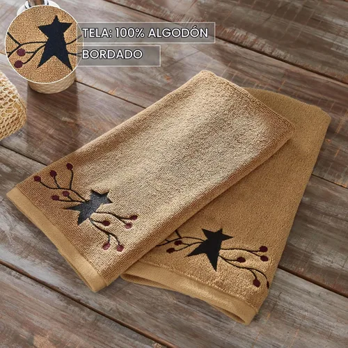 Vista 3 de VHC Brands Juego de 2 toallas de mano de algodón bordadas para baño, cocina, pip Vinestar Collection Rectángulo 16x26 Primitive Star Natural