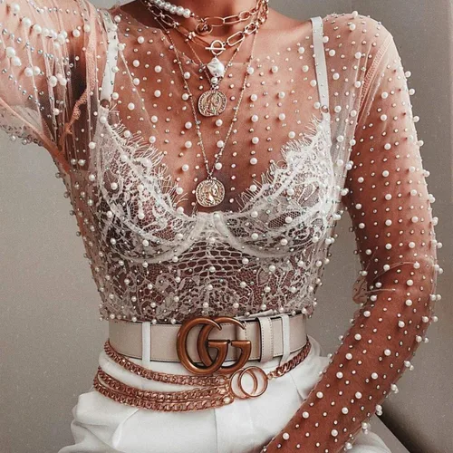 Vista 3 de Blusa de malla de manga larga transparente con diamantes de imitación y cuentas para mujer