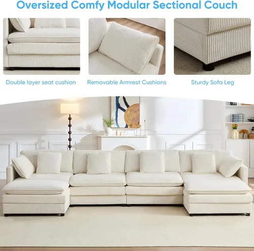 Vista 5 de Mjkone Sofá modular en forma de U de 148 pulgadas con otomana móvil, cómodo sofá modular de gran tamaño con cojín de doble capa, sofás de asiento