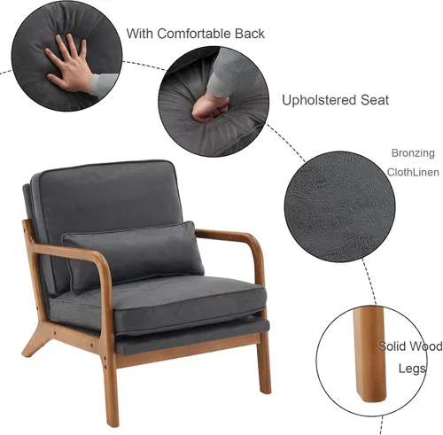 Vista 4 de Accent Chairs for Living Room Armchair with Oak Armrest, Upholstered Single Lounge Chair Comfy Bronzing Cloth Reading Vanity Sofa Chair,Indoor Dark