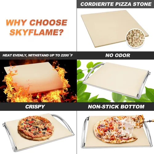 Vista 3 de Skyflame Piedra de pizza de cordierita de 16 pulgadas con estante y mango de acero inoxidable extraíble, piedra de hornear resistente para parrillas