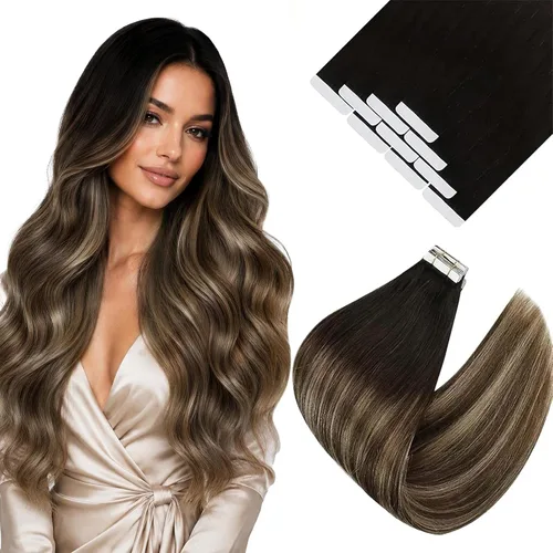 Vista 33 de Ve Sunny Extensiones de cabello humano real con cinta, cabello humano Remy, lacio, doble cara, color marrón oscuro, balayage, rubio dorado oscuro