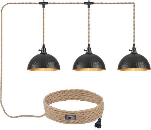 Vista 13 de Luces Colgantes Enchufables Lámpara Colgante de Cúpula Martillada con Interruptor Regulable Cuerda de Cáñamo de 15 Pies de Largo Luz Colgante