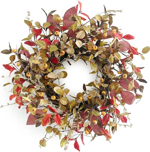 Vista 24 de Corona de otoño para puerta delantera, 24 pulgadas, hojas anchas rojas artificiales Baya Borgoña