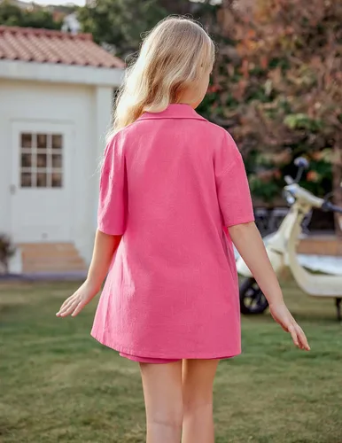 Vista 5 de Conjunto de 2 piezas de lino para niñas, conjunto de camisa de algodón con botones y manga corta con cuello de 6 a 13 años