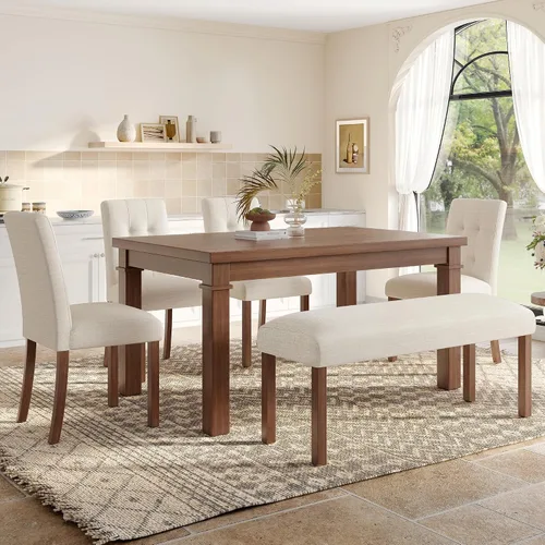 Vista 10 de P PURLOVE Juego de mesa de comedor de 6 piezas, mesa de cocina rectangular de madera con 4 sillas tapizadas, 1 banco para comedor y sala de estar