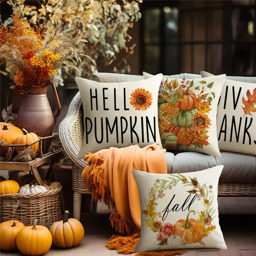 Vista 2 de Juego de 4 fundas de almohada decorativas de otoño de 18 x 18 pulgadas, decoración de granja de Acción de Gracias, Hello Pumpkin al aire libre
