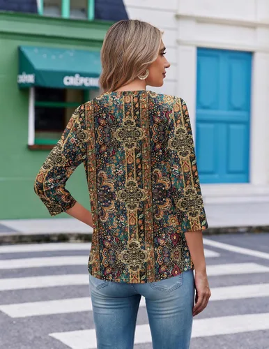 Vista 7 de Ekouaer Blusas de manga 3/4 para mujer, cuello en V, blusas plisadas casuales Boho Multicolor