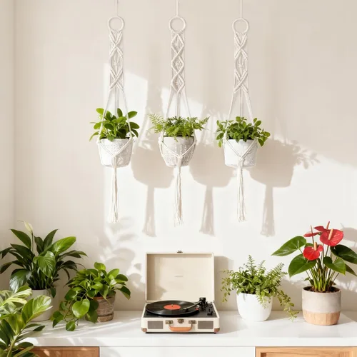 Vista 5 de Mkono Paquete de 3 perchas de macramé de 39 pulgadas para colgar en la pared de interiores, cesta para macetas, soporte para macetas, decoración
