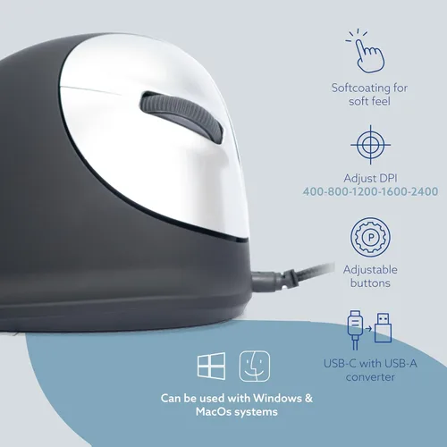 Vista 5 de R-Go HE Ratón ergonómico, con software de interrupción, cable USB-C (con convertidor USB-A), diseño vertical, túnel carpiano, clic silencioso