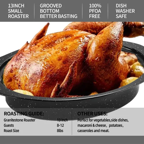 Vista 5 de Bandeja de asar ovalada esmaltada de 13 pulgadas con tapa abovedada - Para pavo de 7 libras, pollo, cordero, verduras