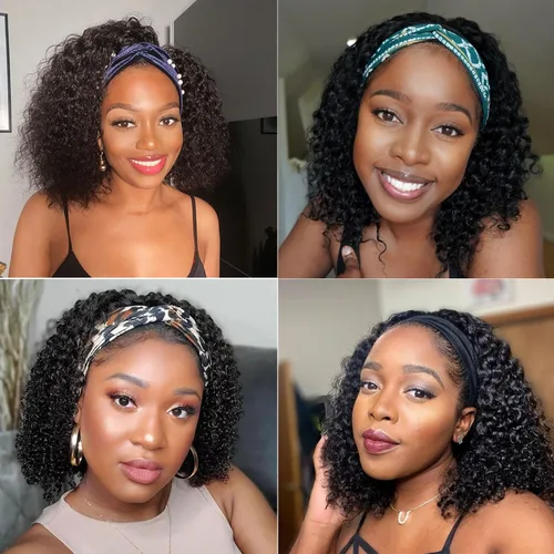 Vista 7 de Youngirl Peluca de cabello humano ondulado profundo con diadema de 12 pulgadas para mujeres negras, sin pegamento, sin encaje frontal, peluca