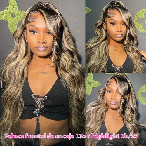Vista 8 de Pelucas de Encaje Frontal Highlight Body Wave de Cabello Humano 1B/27 Sin Pegamento Densidad 180% 13x6 Peluca Sin Pegamento de Encaje Frontal Peluca