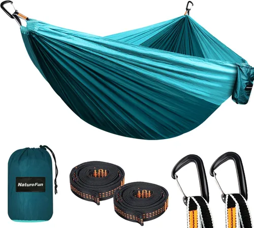 Vista 21 de NATUREFUN Hamaca ultraligera para viajes y camping Capacidad de carga de 300 kg, transpirable, de secado rápido Incluye 2 mosquetones premium, 2