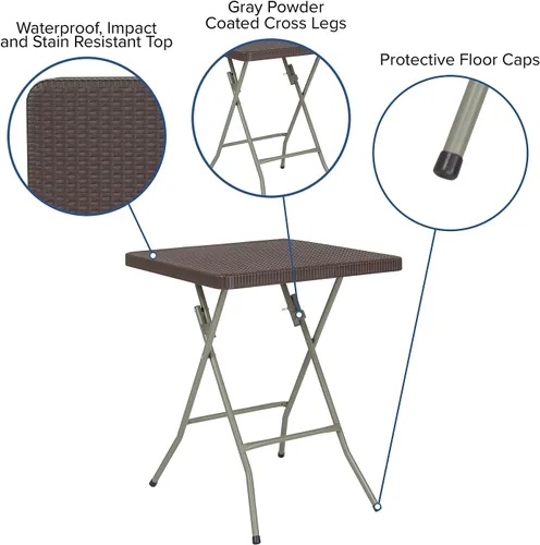 Vista 5 de Flash Furniture - Mesa plegable cuadrada de plástico de ratán marrón de 1.95 pies