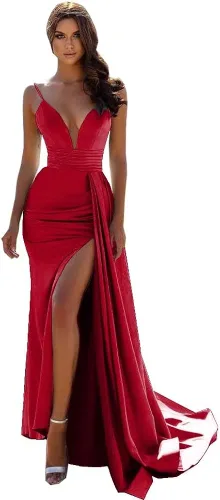 Vista 4 de Vestidos de fiesta de sirena profunda con cuello en V 2022, largos con tren, de satén, formales, vestidos de noche sexy con abertura DR0037