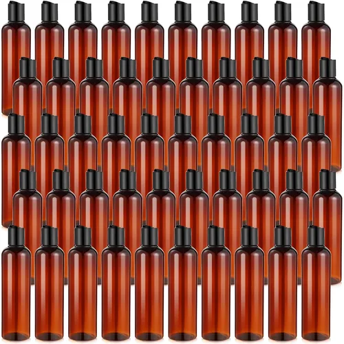 Vista 11 de Mimorou 50 botellas de plástico para apretar con tapa, recipiente recargable ámbar vacío, botella pequeña de aseo de viaje para loción, champú