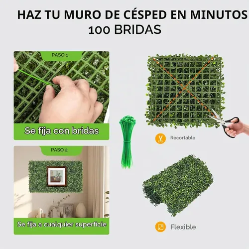 Vista 3 de Paneles de pared de césped artificial, 8 paneles de pared de seto de boj de 10 x 10 pulgadas con 100 bridas, paneles de boj para telón de fondo