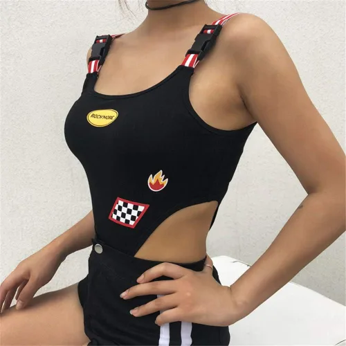Vista 4 de malianna Body de cintura alta con estampado de rayas y estampado de fuego para mujer