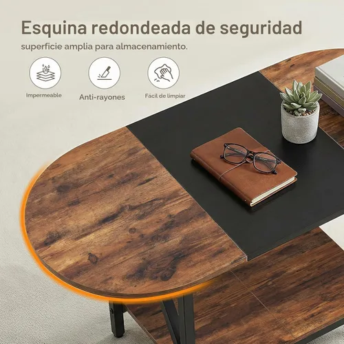 Vista 4 de HOOBRO Mesa auxiliar para sala de estar, mesa de centro ovalada de 2 niveles, mesa central Industrail con estante abierto, para espacio pequeño