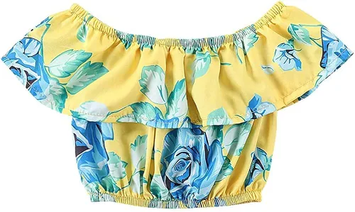 Vista 7 de Conjunto de pantalones cortos de mezclilla con volantes y hombros descubiertos para niños y niñas, conjunto de falda corta con lazo, ropa de verano