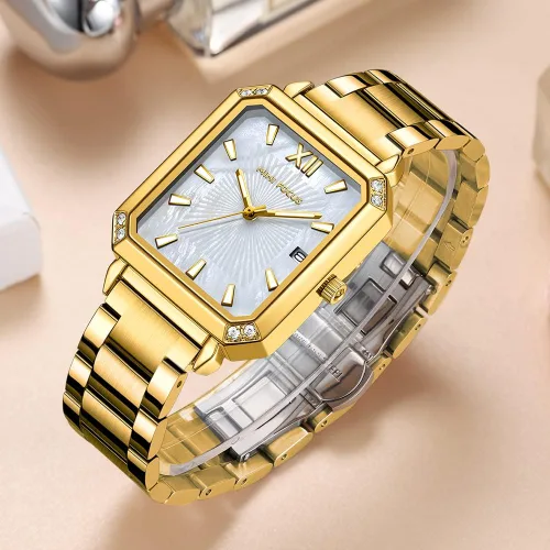 Vista 2 de Mini Focus - Reloj de pulsera elegante para mujer (caja de diamantes, esfera de madre de peramanecilla luminosacalendario) reloj de acero inoxidable